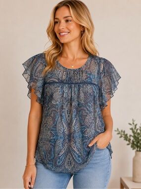 Sonoma Blue Paisley Flutter Sleeve Sheer Blouse Top Size M Boho